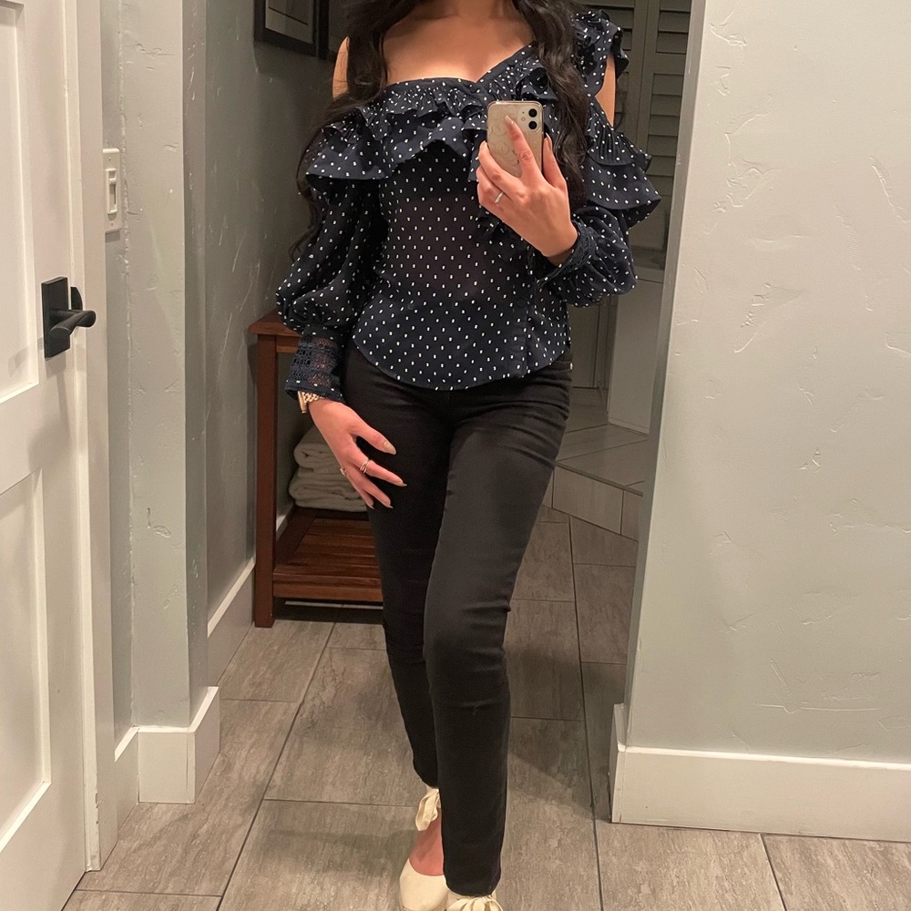 Self portrait navy ruffle polka dot top